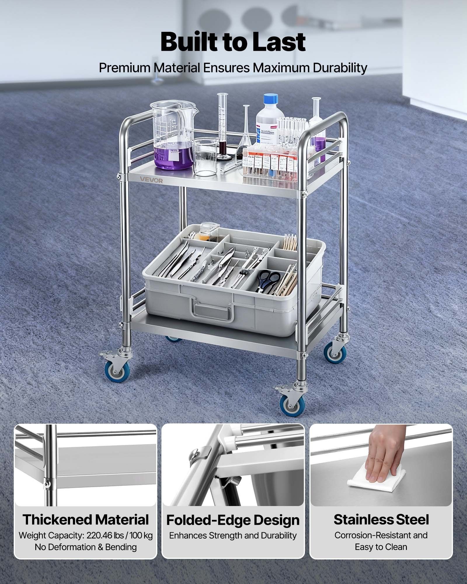 Medical Laboratories - Stainless Steel Cart, 2-Tier Rolling Lab
